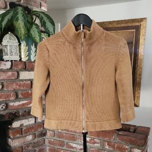 Barneys New York Camel Zip Front Knit Sweater Cropped Mock Neck Minimalist Chic